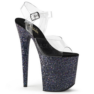 Black Glitter 20 cm FLAMINGO-808LG Platform High Heeled Sandal Shoes