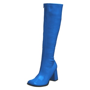Blaue lackstiefel blockabsatz 7,5 cm - 70er jahre hippie disco kniehohe boots gogo