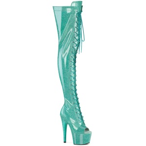 Glitter 18 cm PEEP TOE Green thigh high boots with laces high heels