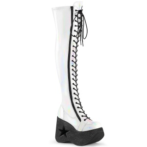 Hologramm 13 cm DYNAMITE-300 Overknee stiefel mit wedge plateau weisse