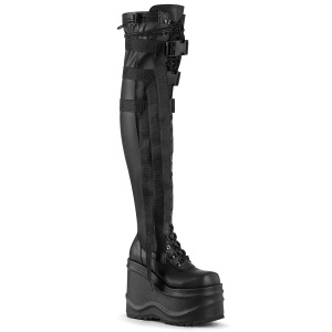 Kunstleder 15 cm WAVE-315-2 Overknee stiefel mit wedge plateau schwarze