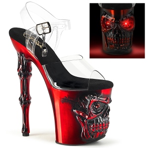 LED Totenkopf plateau 20 cm pleaser high heels durchsichtig - red