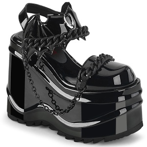 Lackleder Schwarz 15 cm DemoniaCult WAVE-20 lolita plateau wedge sandaletten