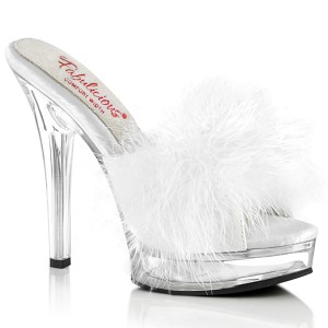 Leatherette 13,5 cm MAJESTY-501F-8 White mules high heels with marabou feathers