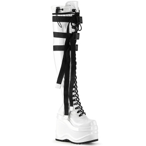 Patent 15 cm WAVE-315 Wedge Platform Thigh High Boots White