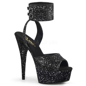 Schwarz Glitzern 15 cm DELIGHT-691LG pleaser high heels mit knchelriemen