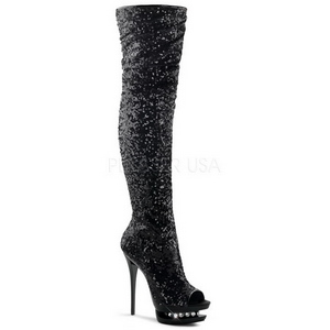 Schwarz Pailletten 15 cm PLEASER BLONDIE-R-3011 Plateau Überkniestiefel