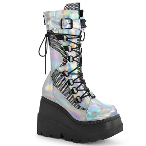 Silber Hologramm 11,5 cm SHAKER-70 damen cyberpunk plateaustiefel