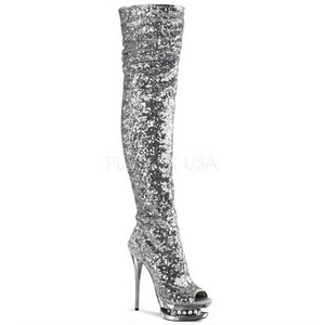 Silber Pailletten 15 cm PLEASER BLONDIE-R-3011 Plateau Überkniestiefel