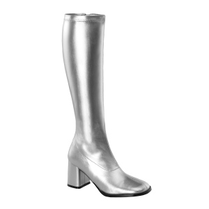 Silberne stiefel blockabsatz 7,5 cm vinylleder - 70er jahre hippie disco kniehohe boots gogo