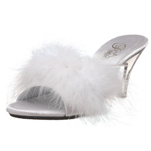 Weiss 8 cm BELLE-301F Mules Schuhe mit Marabou Federn - Plüsch