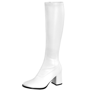 White boots block heel 7,5 cm - 70s years style hippie disco gogo under kneeboots vinyl