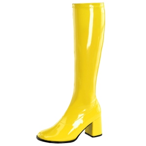 Yellow boots block heel 7,5 cm - 70s years style hippie disco gogo under kneeboots patent leather