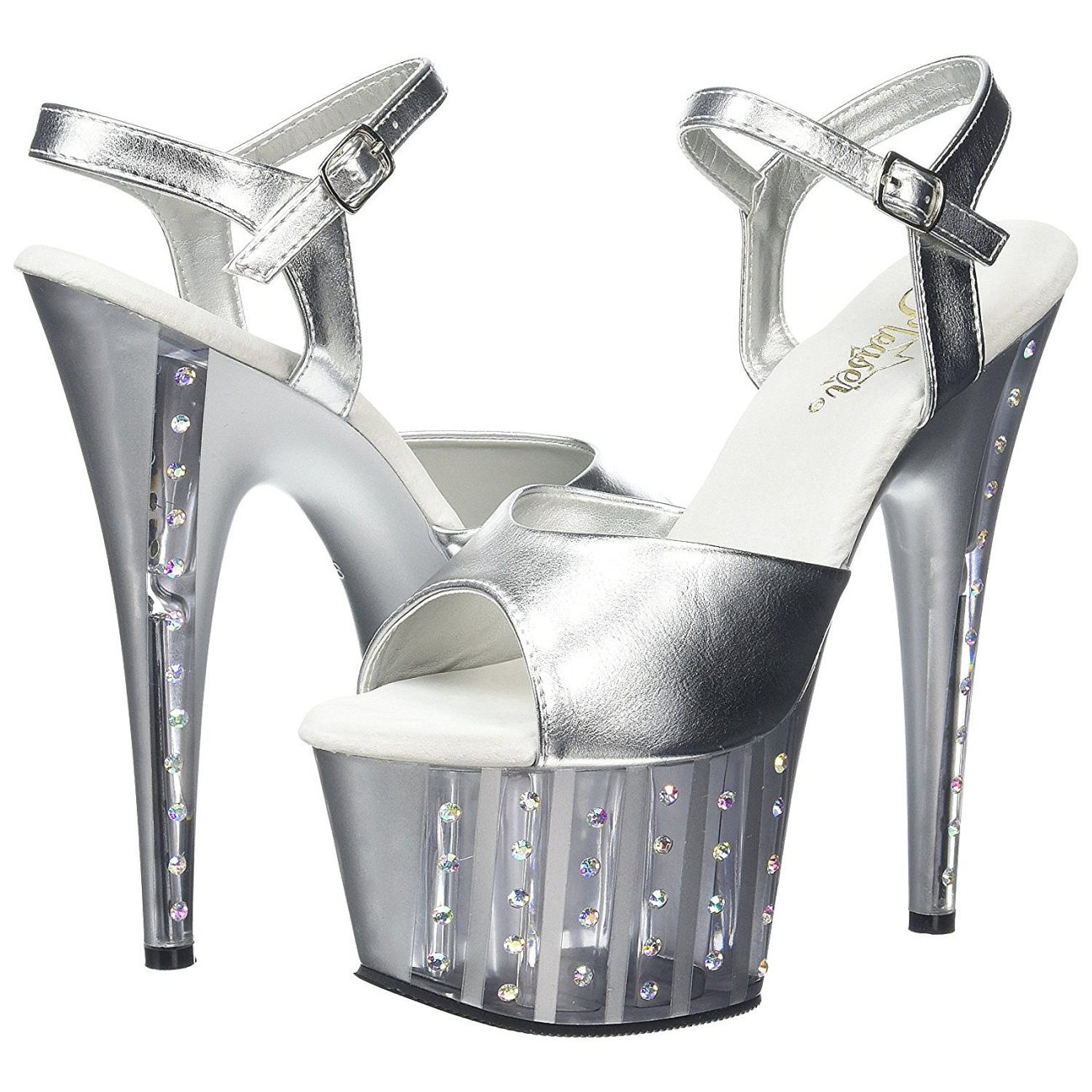 silver platform stilettos