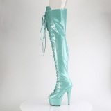 Glitter 18 cm PEEP TOE Green thigh high boots with laces high heels