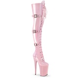 Patent 23 cm INFINITY-3028 high heeled thigh high boots with buckles rose