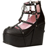 Schwarz Kunstleder 13 cm POISON-25-1 lolita stiefeletten mit wedge plateau