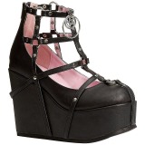 Schwarz Kunstleder 13 cm POISON-25-1 lolita stiefeletten mit wedge plateau