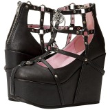 Schwarz Kunstleder 13 cm POISON-25-1 lolita stiefeletten mit wedge plateau