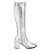 Silberne stiefel blockabsatz 7,5 cm vinylleder - 70er jahre hippie disco kniehohe boots gogo