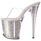 Silver 20 cm FLAMINGO-801G glitter platform mules womens