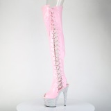 Strass 18 cm open toe rosa overknee stiefel mit schnürung high heels
