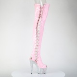 Strass 18 cm open toe rosa overknee stiefel mit schnürung high heels